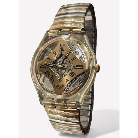 Swatch Watch WHITE ONYX Gk160 1993 Standard Gents Rare Golden Skeleton Dial NOS - Picture 1 of 5